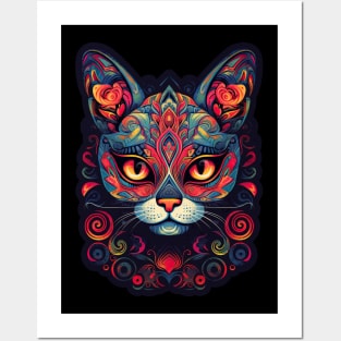 Fiesta Feline Sugar Skull - Sugar Skull Cat Design Posters and Art